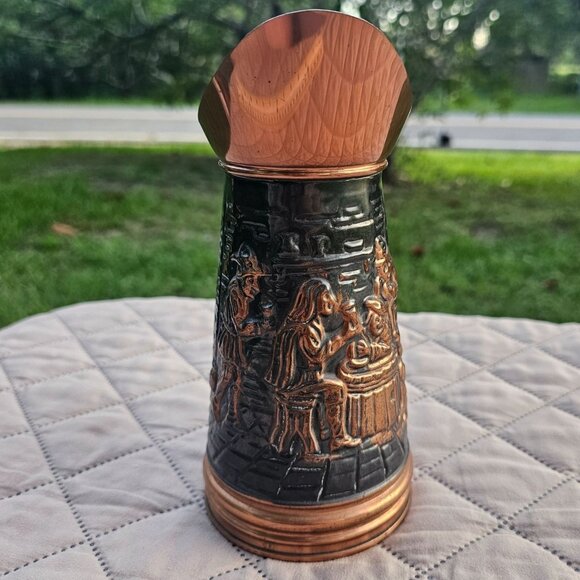 Vintage Decorative Embossed Copper and Brass Pitcher Old World Tavern Scene 8" - Picture 3 of 14